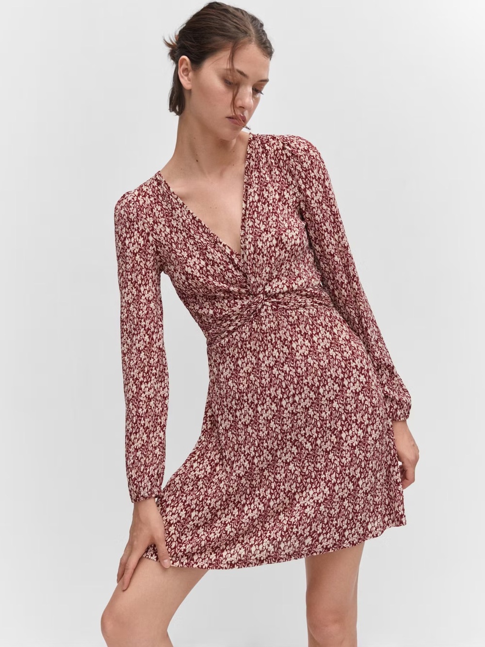 MANGO Printed Mini Dress US 6 Knot Detail Short Sleeve Flowy Summer Dress